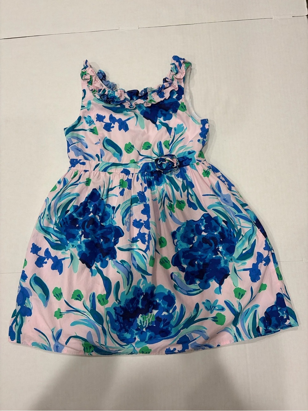 Lilly Pulitzer Girls Floral Dress Pink Blue Sleeveless Ruffle Neck Size 10